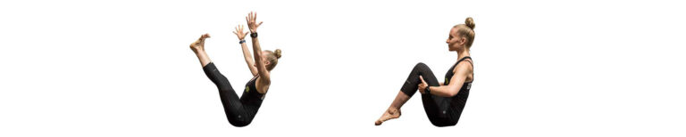 Woman demonstrating two variations of yoga boat pose