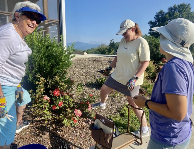 Guests tending flower beds in the Skyterra garden