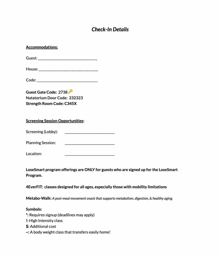 Skyterra check-in details sheet with accommodations, door codes and screening sessions