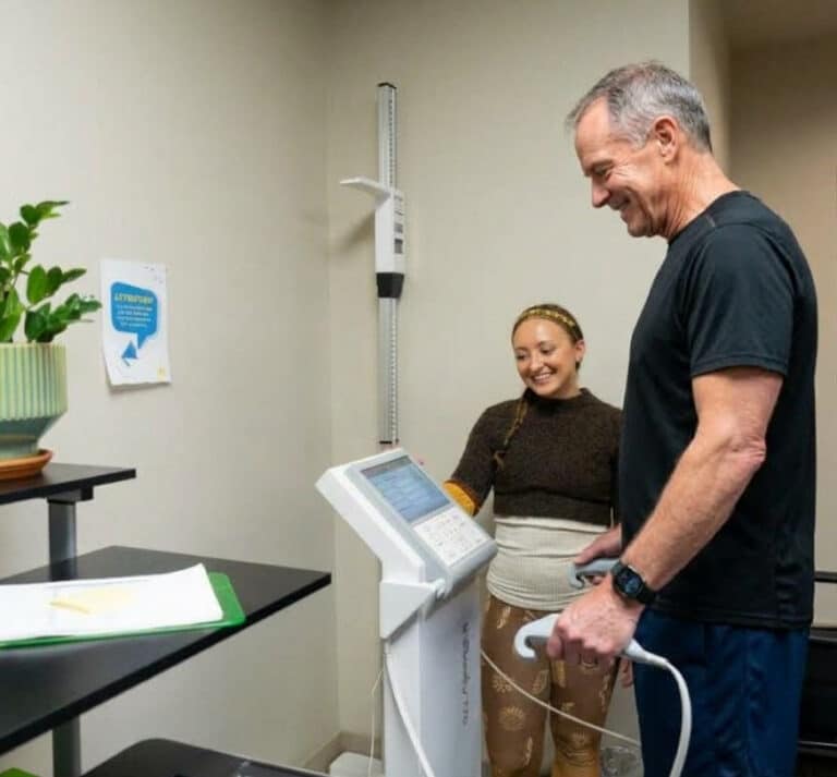 Guest stepping onto an InBody body composition scanner with a Skyterra team member