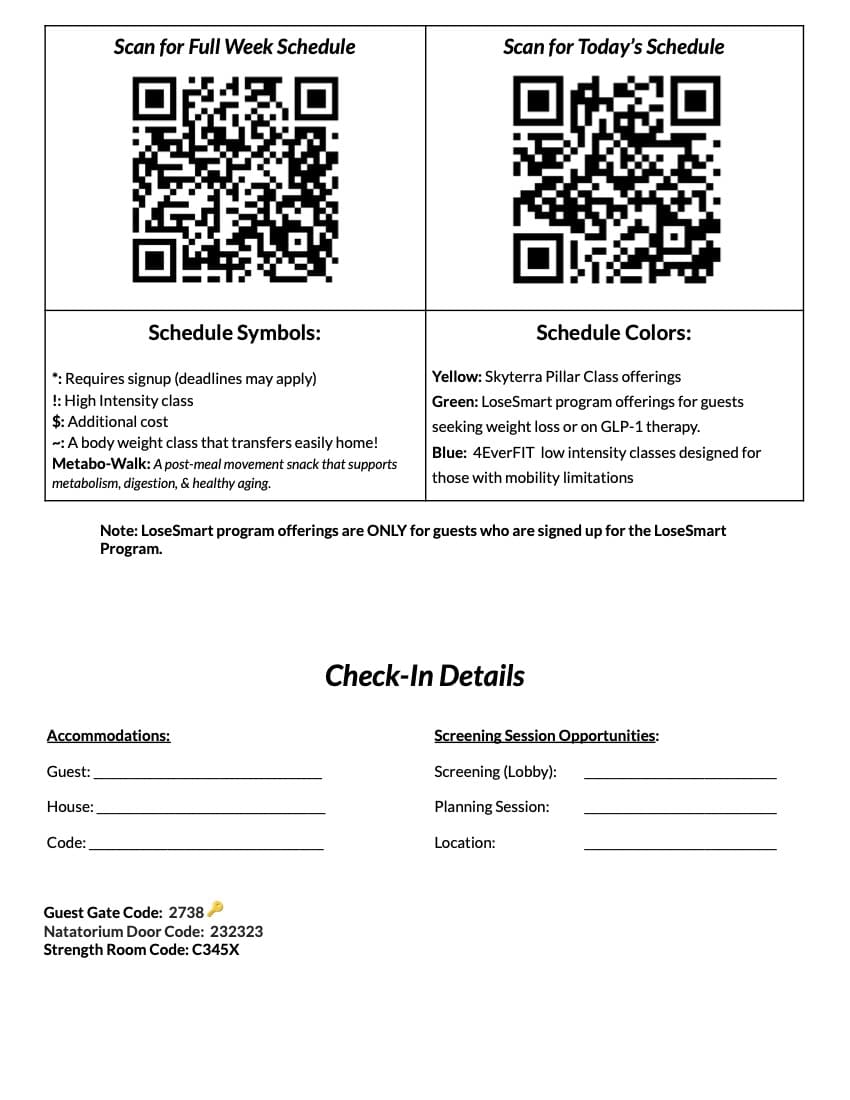 Skyterra check-in details page with QR codes for full week and daily schedules